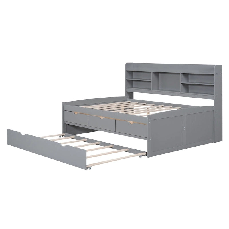 Full Pine Captain Bed with Shelves, Drawers & Trundle
