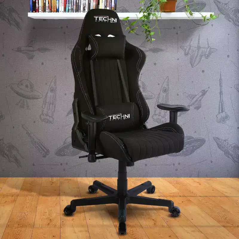 Fauteuil de gaming ergonomique haut dossier en tissu style baquet noir - Techni Sport : Bureau, pivotant, support lombaire