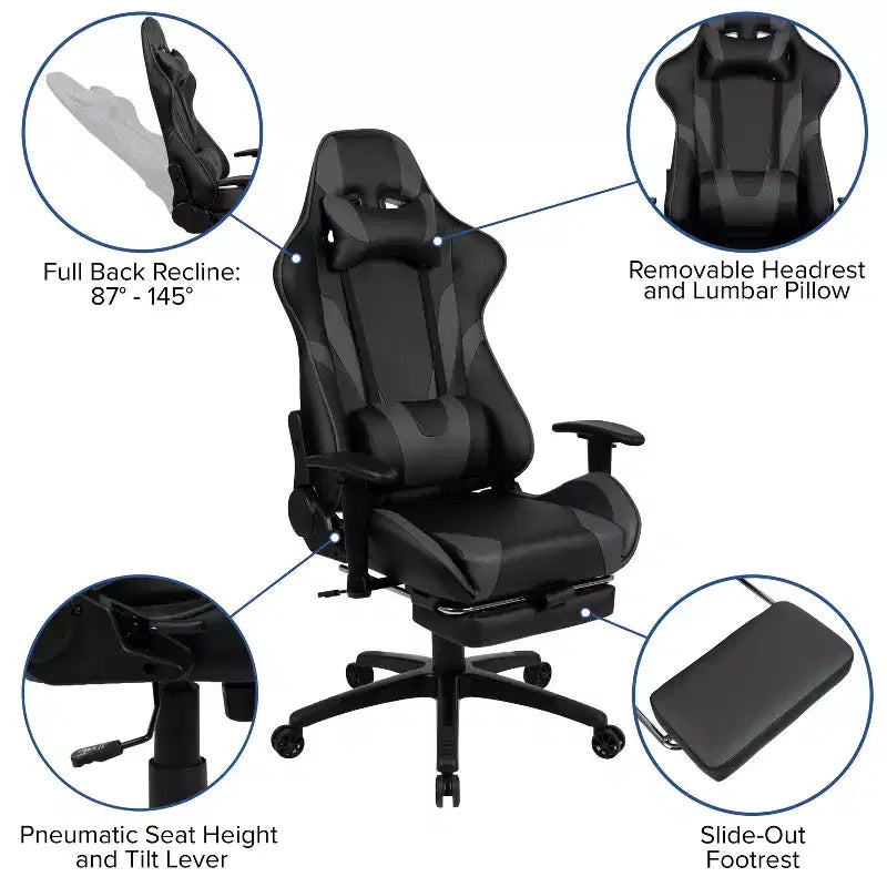 Emma and Oliver Racing Gaming Ergonomic Chair with Reclining Back, Footrest in Red LeatherSoft