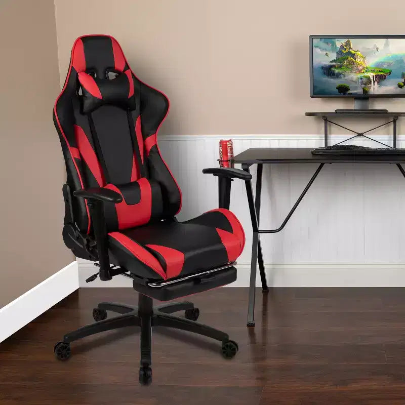 Emma and Oliver Racing Gaming Ergonomic Chair with Reclining Back, Footrest in Red LeatherSoft