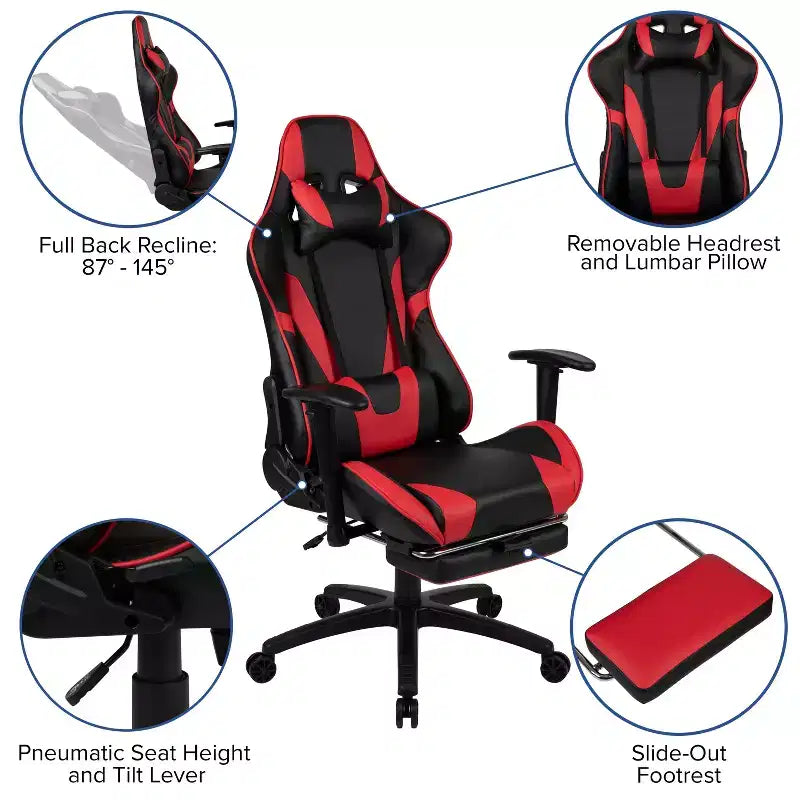 Emma and Oliver Racing Gaming Ergonomic Chair with Reclining Back, Footrest in Red LeatherSoft