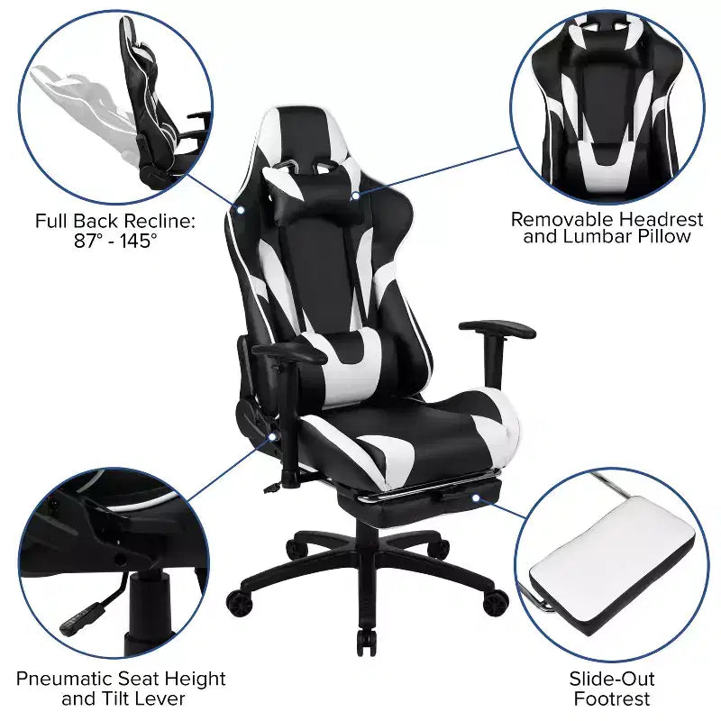 Emma and Oliver Racing Gaming Ergonomic Chair with Reclining Back, Footrest in Red LeatherSoft