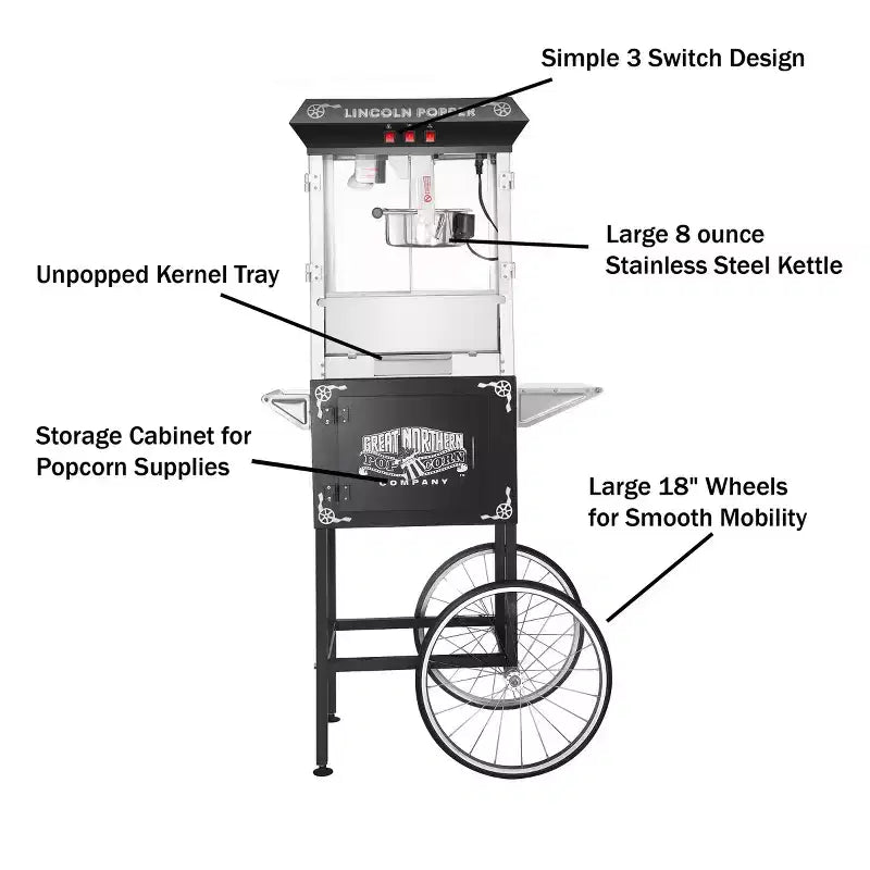 Great Northern Popcorn 8 oz. Lincoln Popcorn Machine With Cart  Black