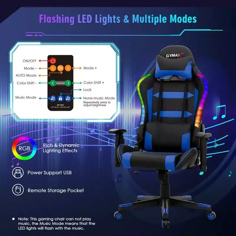 Chaise de jeu Costway pivotante et réglable avec lumières LED et télécommande