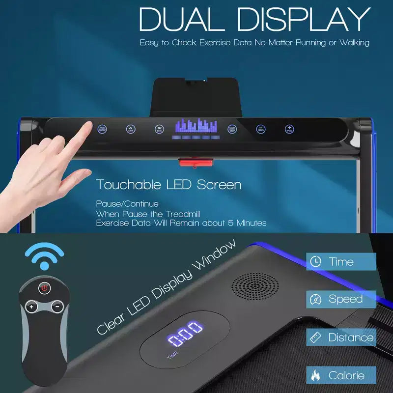 Tapis de course pliable 2-en-1 Costway 2.25HP avec double écran LED Argent/Noir/Bleu