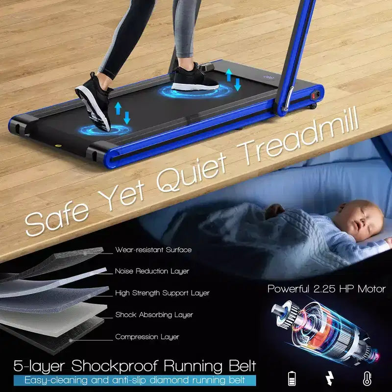 Tapis de course pliable 2-en-1 Costway 2.25HP avec double écran LED Argent/Noir/Bleu