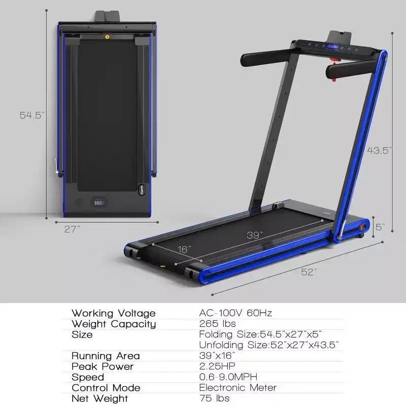 Tapis de course pliable 2-en-1 Costway 2.25HP avec double écran LED Argent/Noir/Bleu