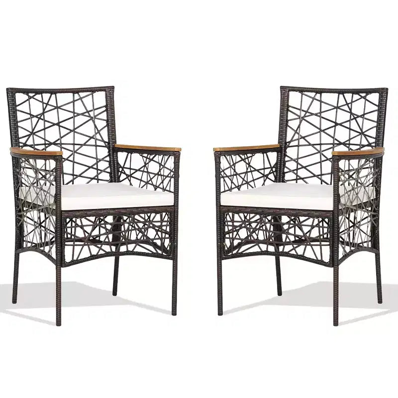 Costway 2pcs PE Wicker Patio Bistro Chairs Acacia Wood Armrests w/ Cushions Outdoor