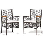 Costway 2pcs PE Wicker Patio Bistro Chairs Acacia Wood Armrests w/ Cushions Outdoor