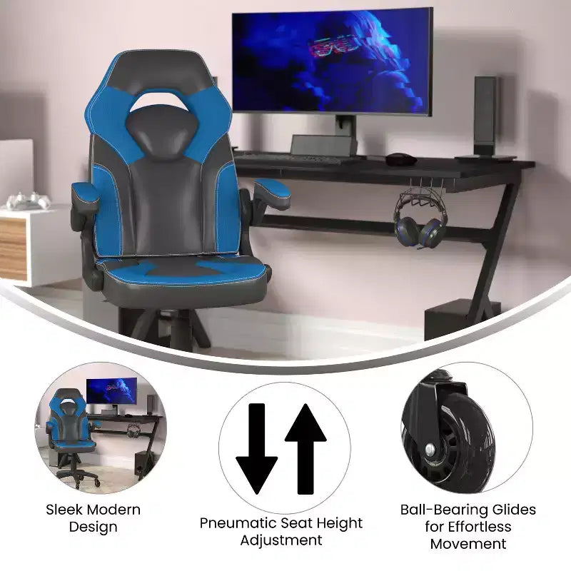 Fauteuil de jeu Flash Furniture X10, Chaise de bureau, d'ordinateur ou de PC de course, avec accoudoirs relevables et roulettes transparentes