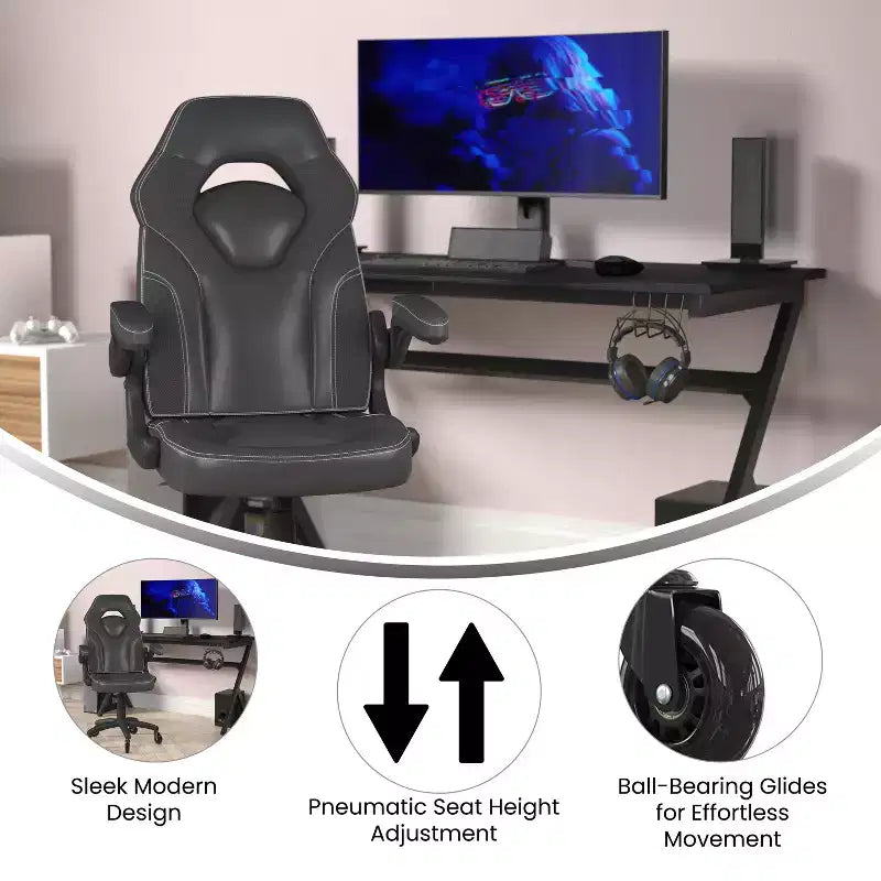 Fauteuil de jeu Flash Furniture X10, Chaise de bureau, d'ordinateur ou de PC de course, avec accoudoirs relevables et roulettes transparentes