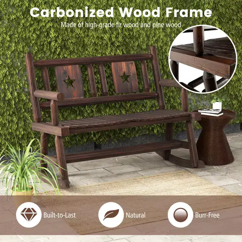 Costway 1/2 PCS Patio Rocking Bench Carbonized Wood Double Rocker Chair with Ergonomic Seat Rustic