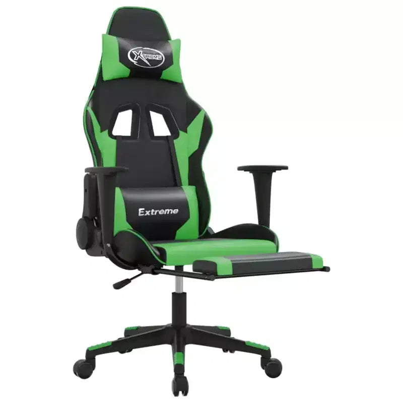 vidaXL Massage Gaming Chair with Footrest, Black&Green, Faux Leather
