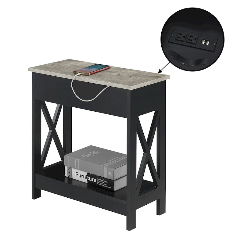 Flip-Top End Table with Built-In Charging Station and Lower Shelf
