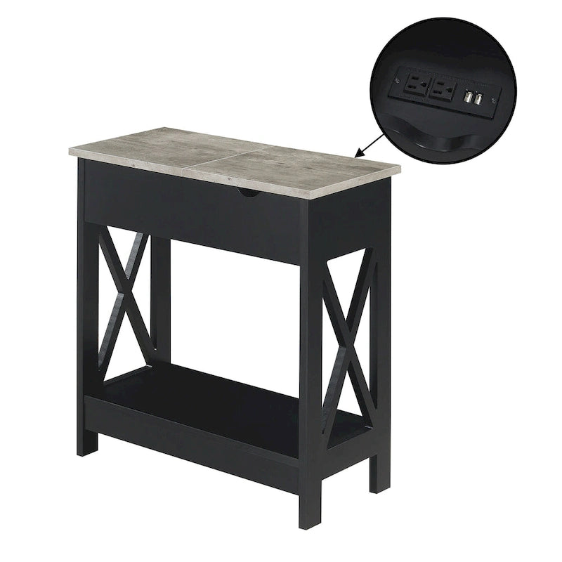 Flip-Top End Table with Built-In Charging Station and Lower Shelf
