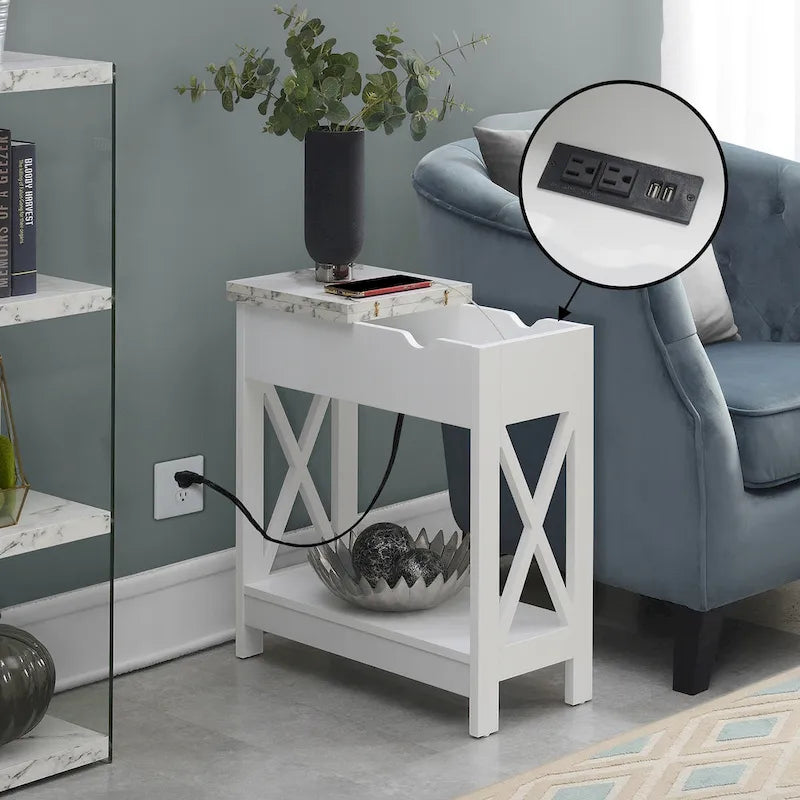 Flip-Top End Table with Built-In Charging Station and Lower Shelf