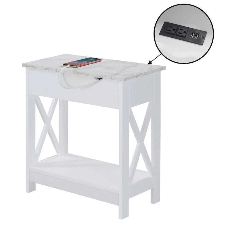 Flip-Top End Table with Built-In Charging Station and Lower Shelf