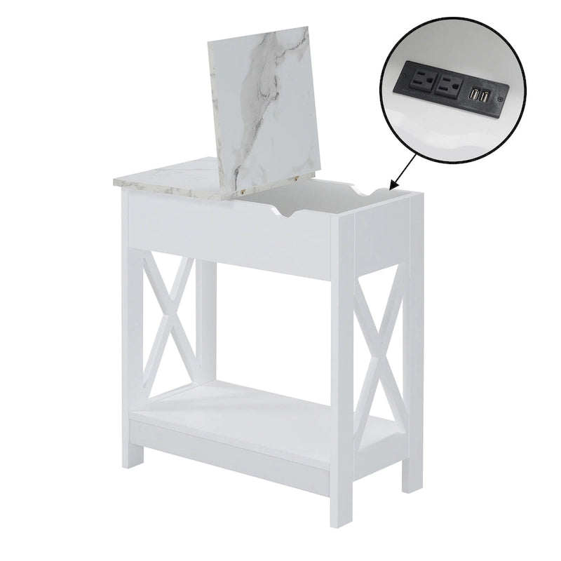 Flip-Top End Table with Built-In Charging Station and Lower Shelf