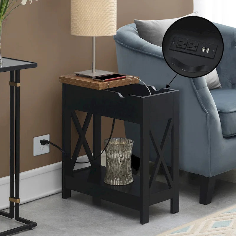 Flip-Top End Table with Built-In Charging Station and Lower Shelf