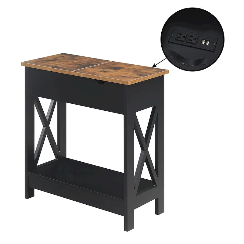 Flip-Top End Table with Built-In Charging Station and Lower Shelf