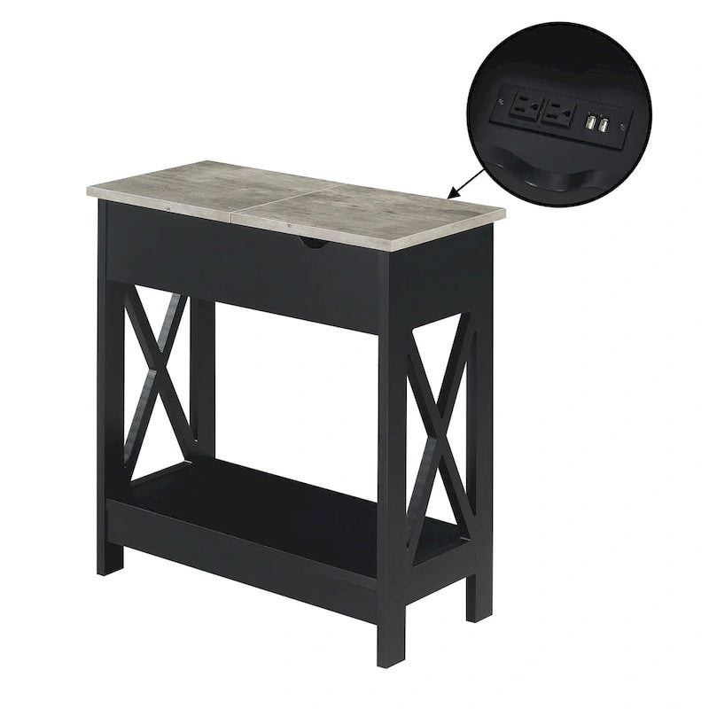 Flip-Top End Table with Built-In Charging Station and Lower Shelf