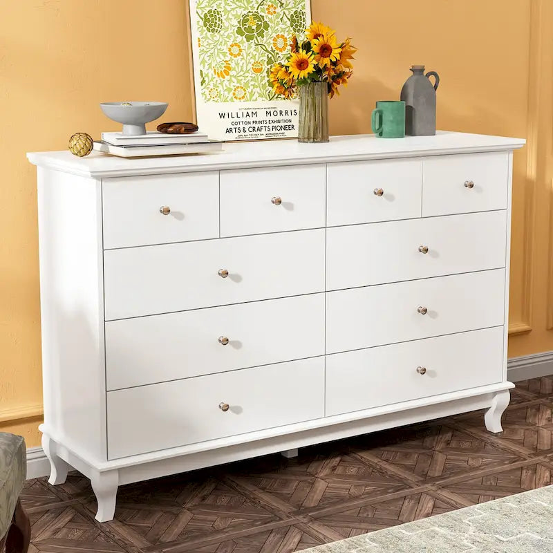 55-Inch Wide White Lacquer 10-Drawer Storage Dresser