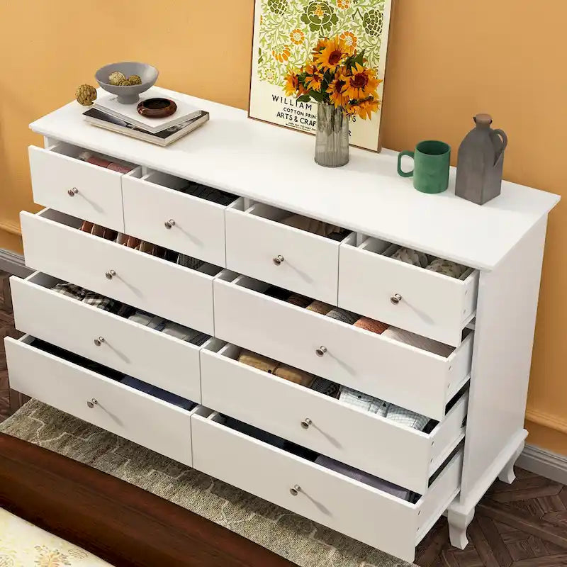 55-Inch Wide White Lacquer 10-Drawer Storage Dresser