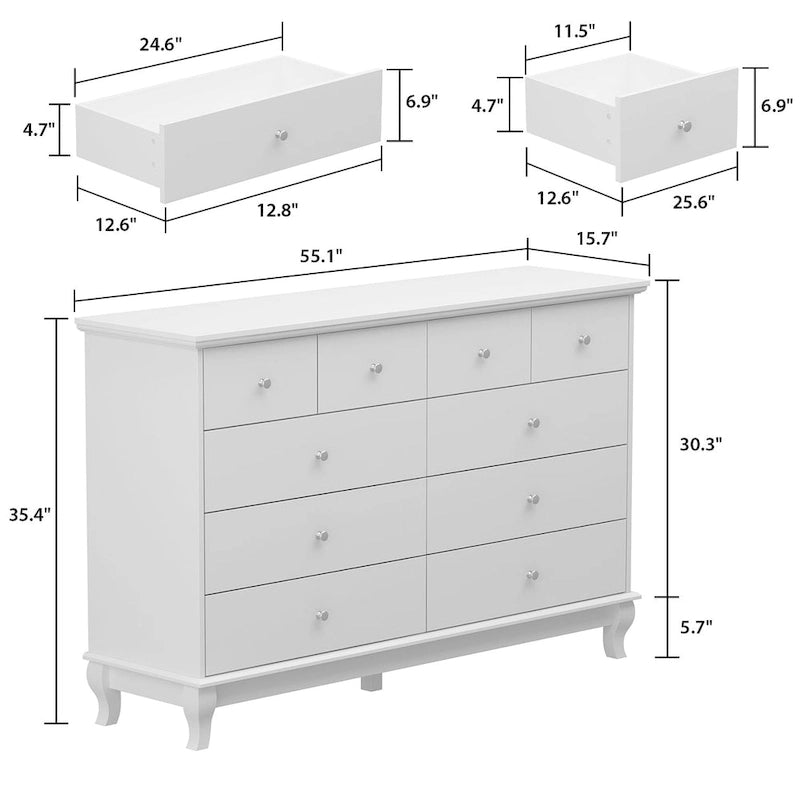 55-Inch Wide White Lacquer 10-Drawer Storage Dresser