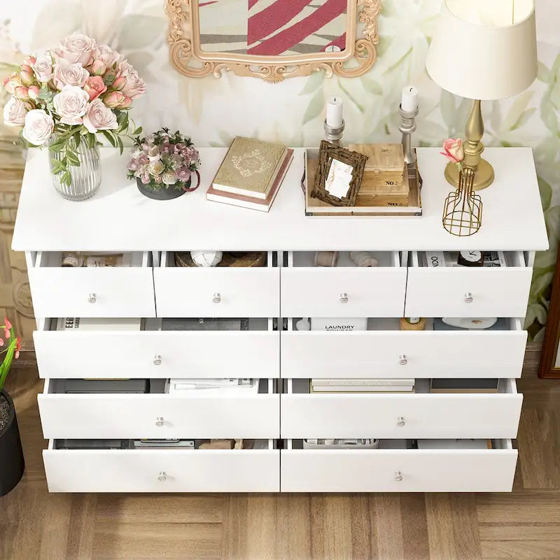 55-Inch Wide White Lacquer 10-Drawer Storage Dresser