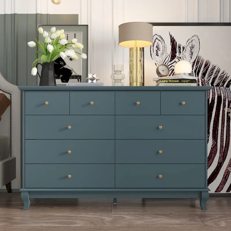 55-Inch Wide White Lacquer 10-Drawer Storage Dresser