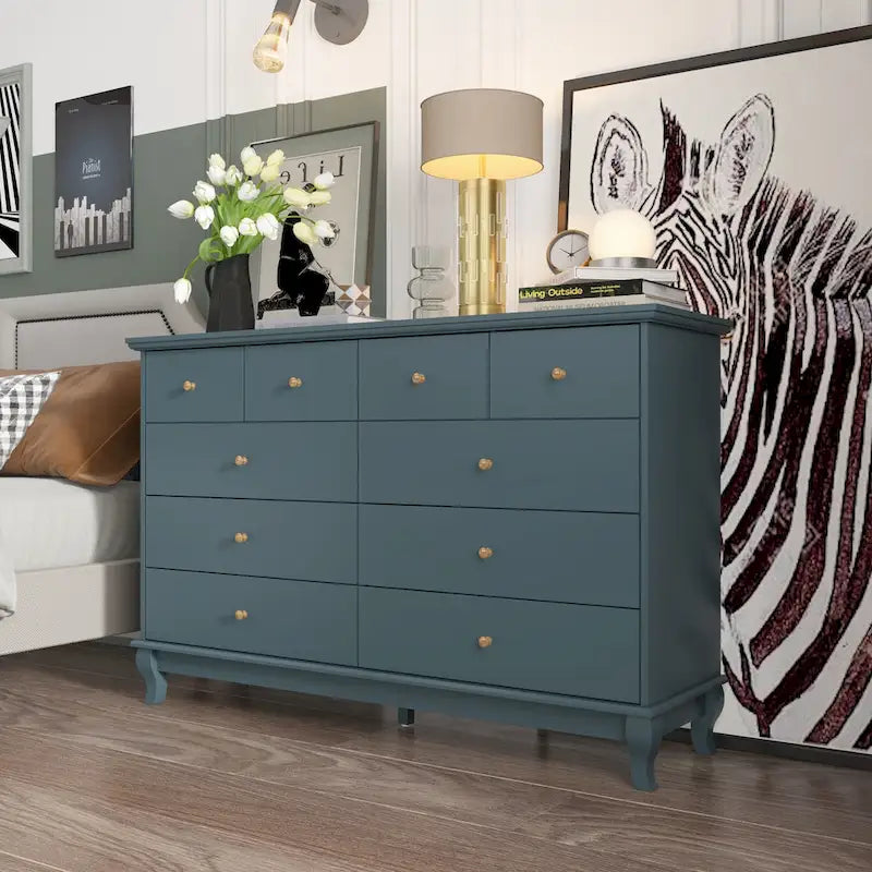 55-Inch Wide White Lacquer 10-Drawer Storage Dresser
