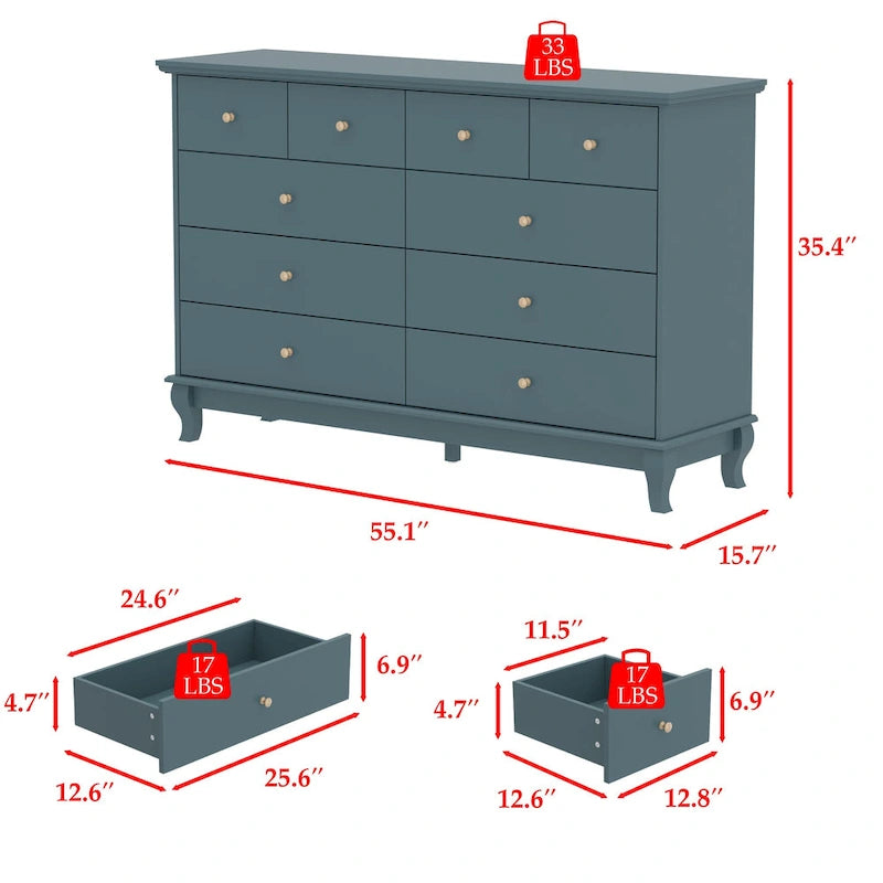 55-Inch Wide White Lacquer 10-Drawer Storage Dresser