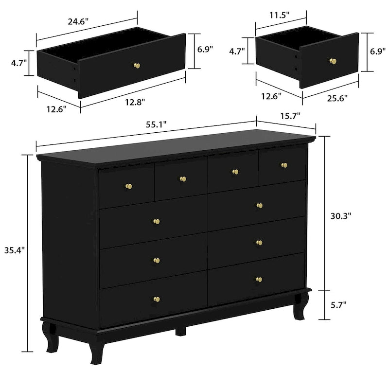 55-Inch Wide White Lacquer 10-Drawer Storage Dresser