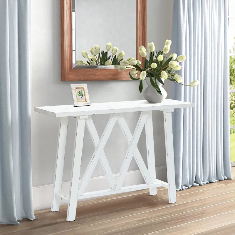 Farmhouse White Console Entry Table, 32.5H x 47.9W x 15D