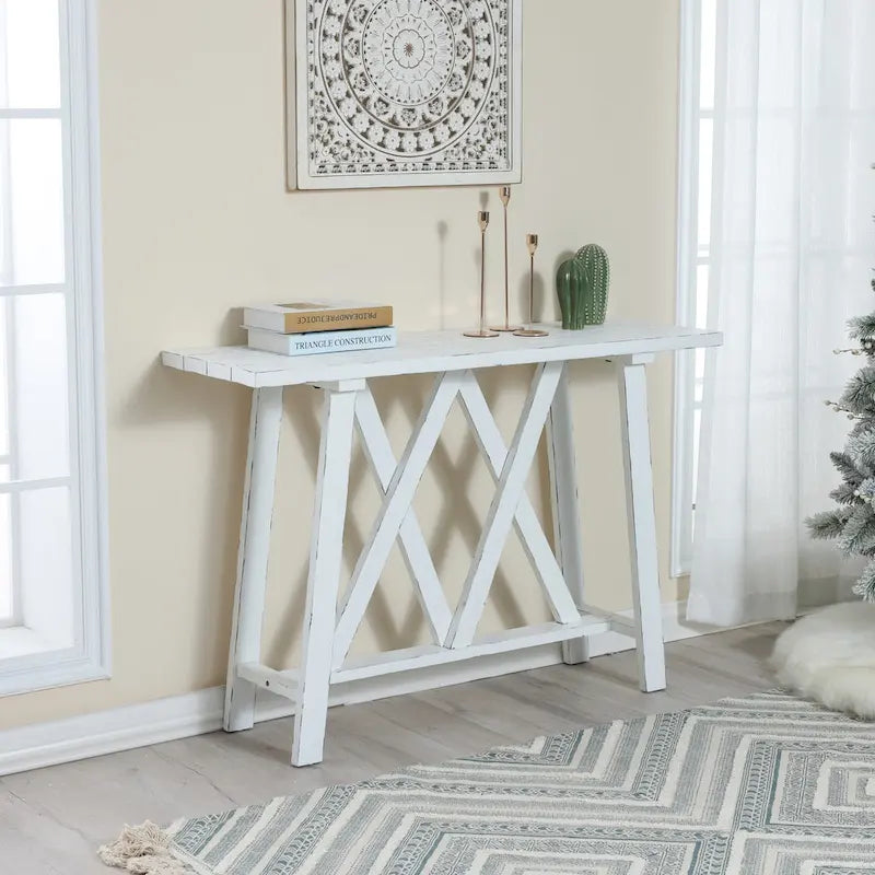 Farmhouse White Console Entry Table, 32.5H x 47.9W x 15D