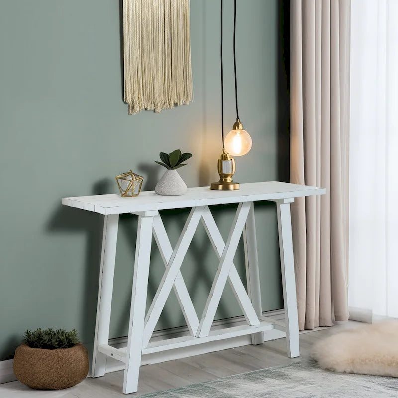 Farmhouse White Console Entry Table, 32.5H x 47.9W x 15D