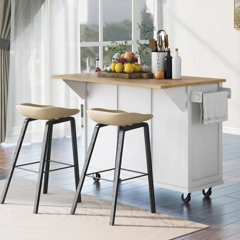 White Kitchen Island on 5 Wheels with Storage Cabinet and 3 Drawers ...
