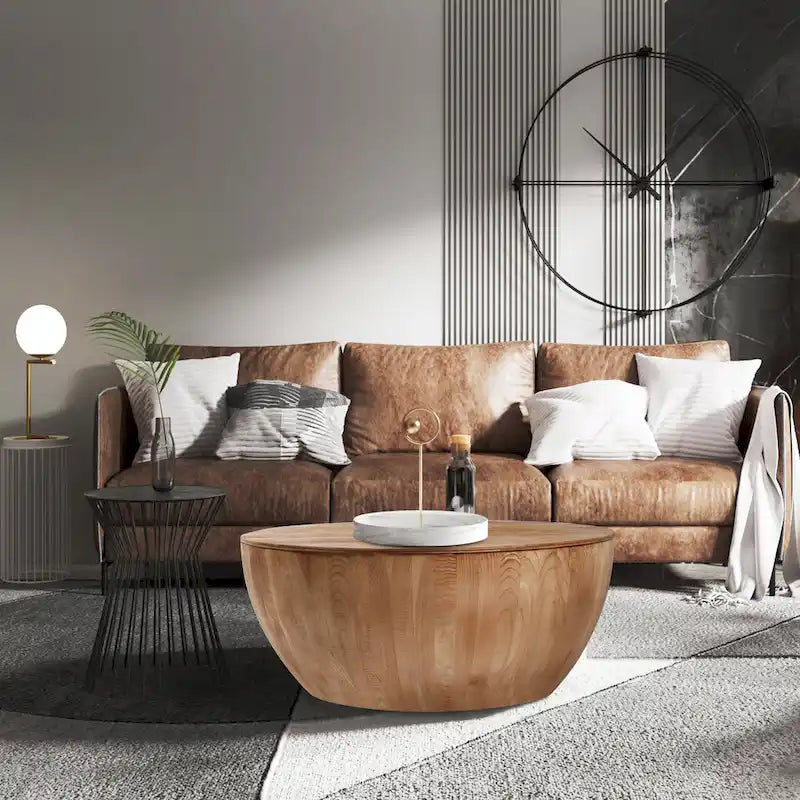 Vintage Barrel-Shaped Wood Coffee Table with Hidden Storage