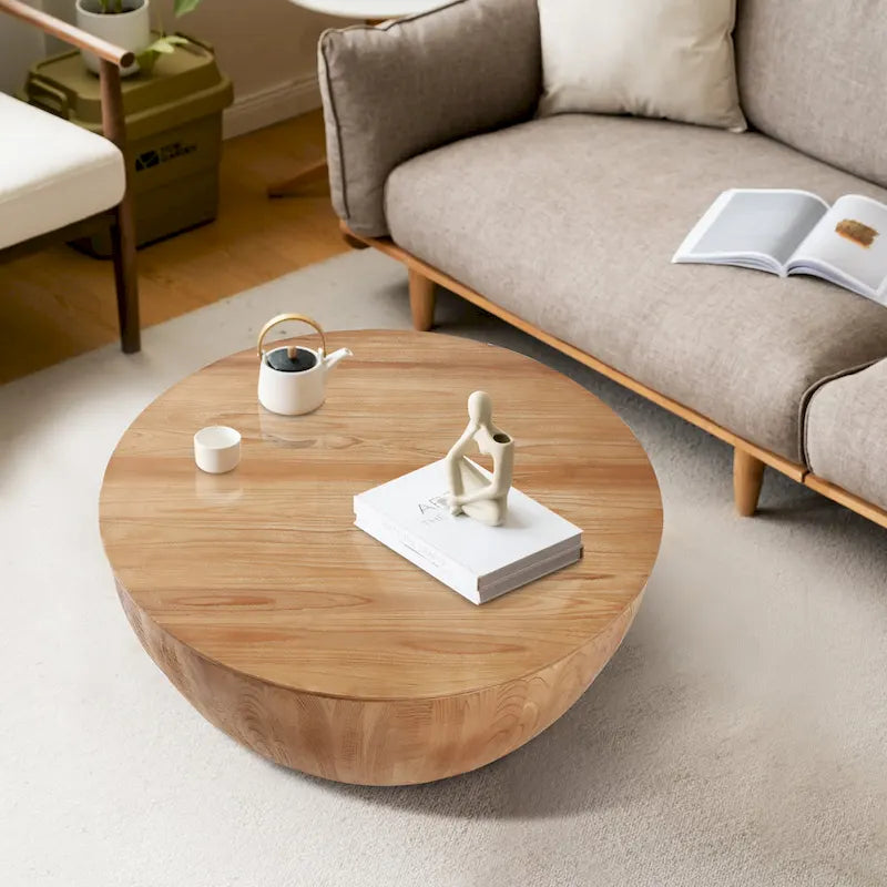 Vintage Barrel-Shaped Wood Coffee Table with Hidden Storage