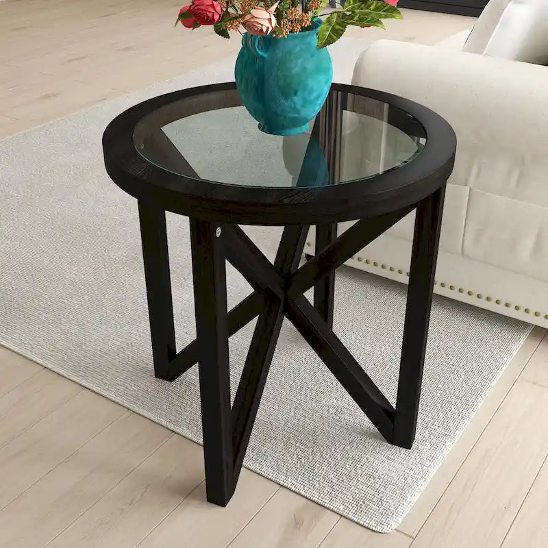 Sleek Tempered Glass Coffee Table with Solid Wood Base