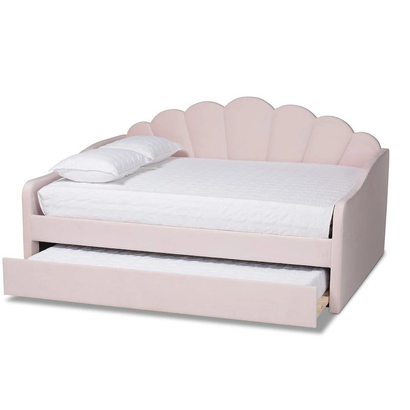 Light Pink Velvet Upholstered Queen Size Daybed with Trundle