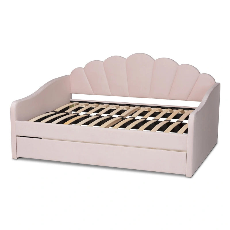 Light Pink Velvet Upholstered Queen Size Daybed with Trundle