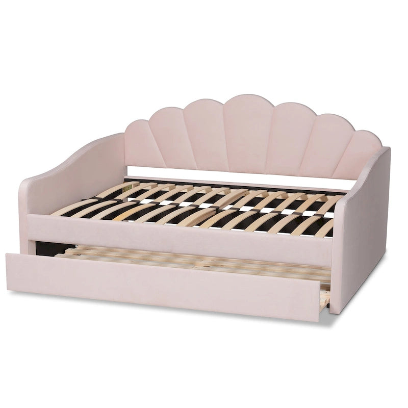Light Pink Velvet Upholstered Queen Size Daybed with Trundle