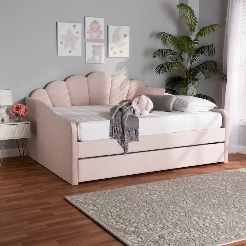 Light Pink Velvet Upholstered Queen Size Daybed with Trundle