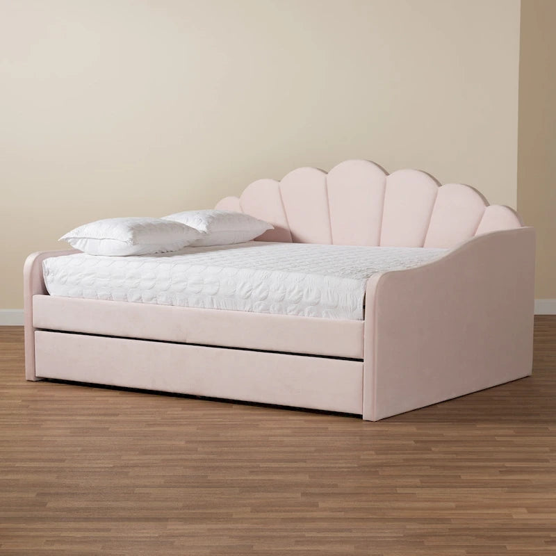 Light Pink Velvet Upholstered Queen Size Daybed with Trundle