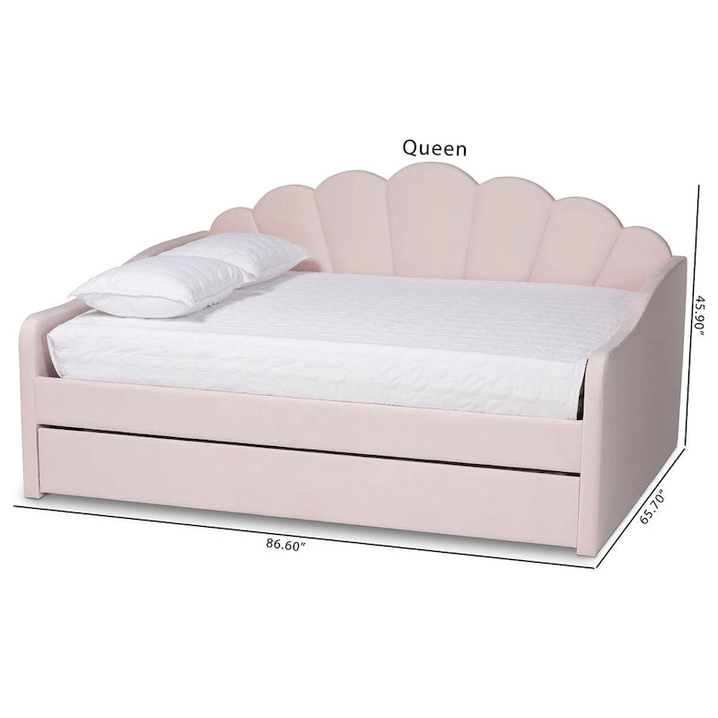 Light Pink Velvet Upholstered Queen Size Daybed with Trundle