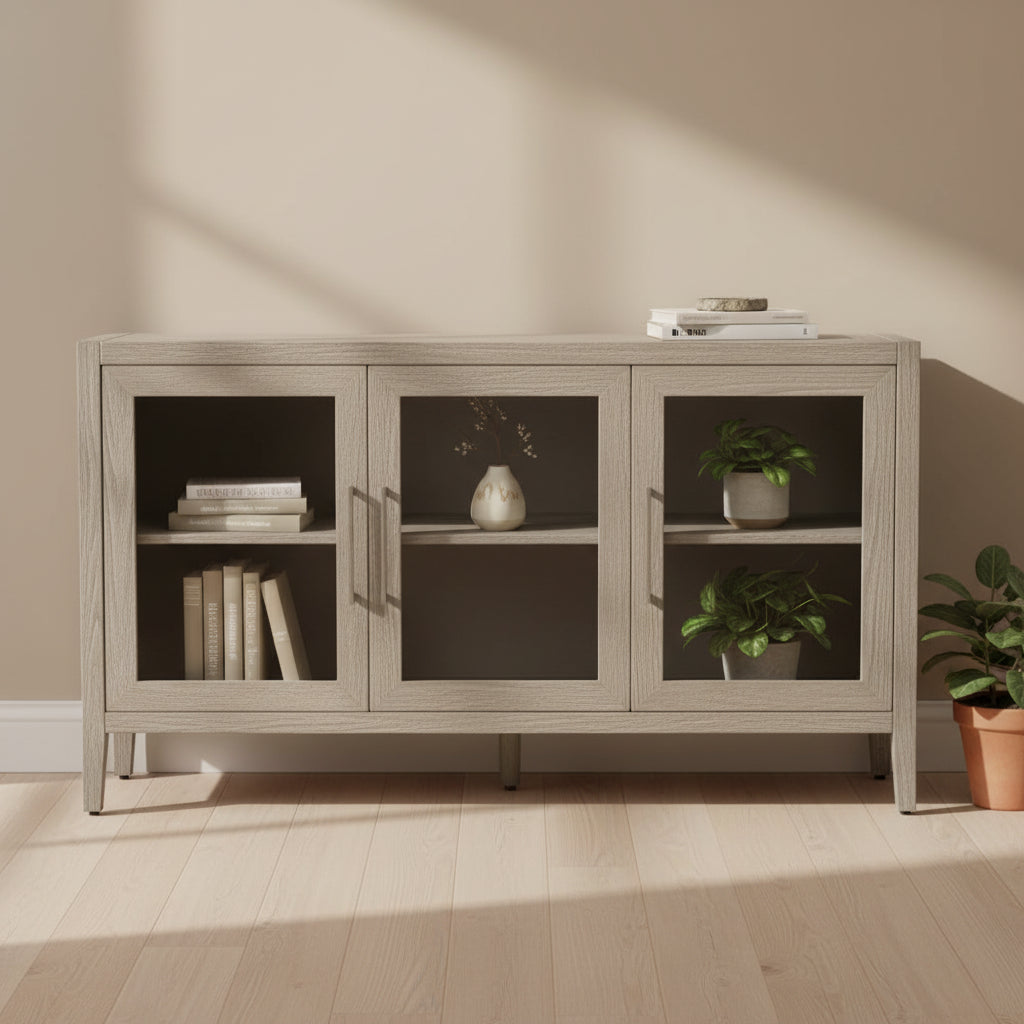 Wood Storage Cabinet with Three tempered glass doors