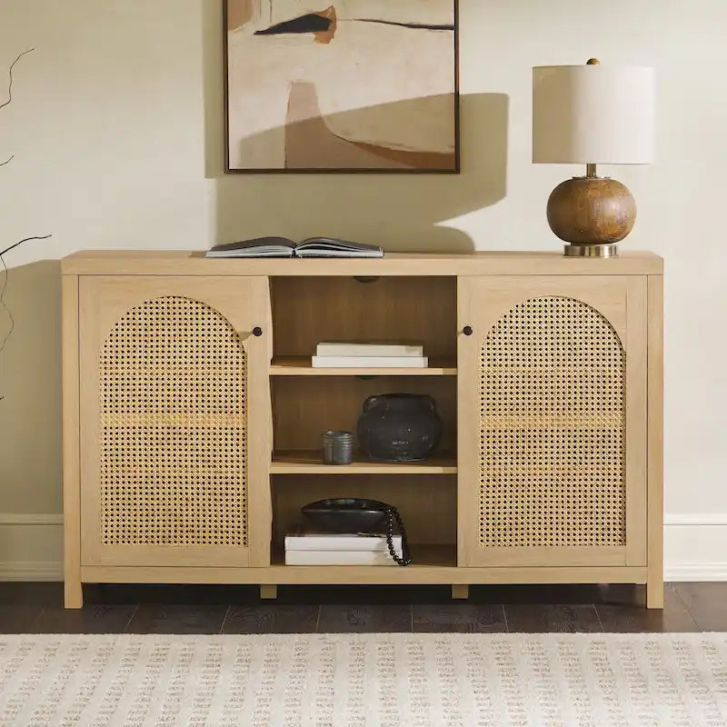 58-Inch 2-Door Sideboard with Arched Rattan Panel Doors