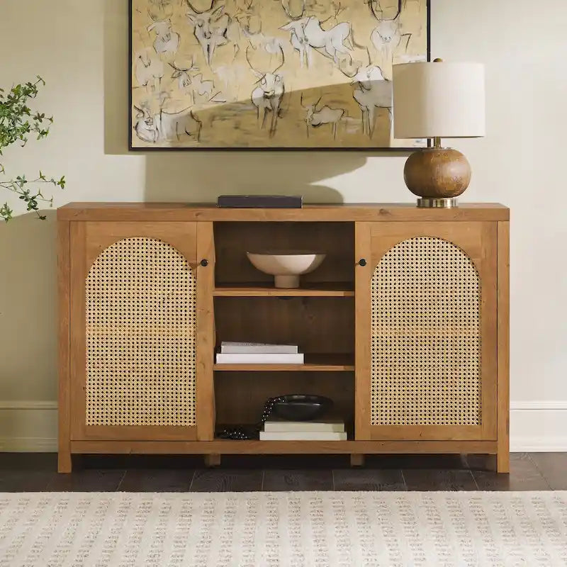 58-Inch 2-Door Sideboard with Arched Rattan Panel Doors