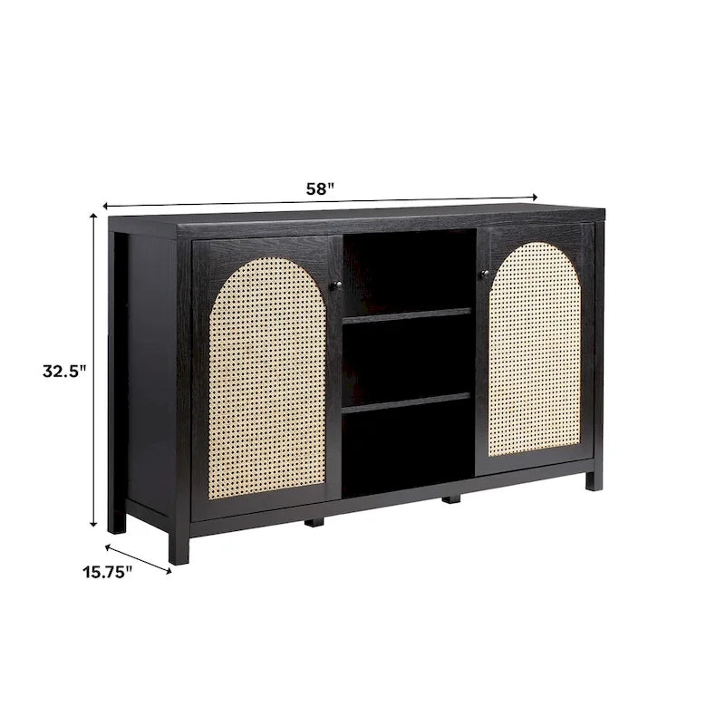 58-Inch 2-Door Sideboard with Arched Rattan Panel Doors